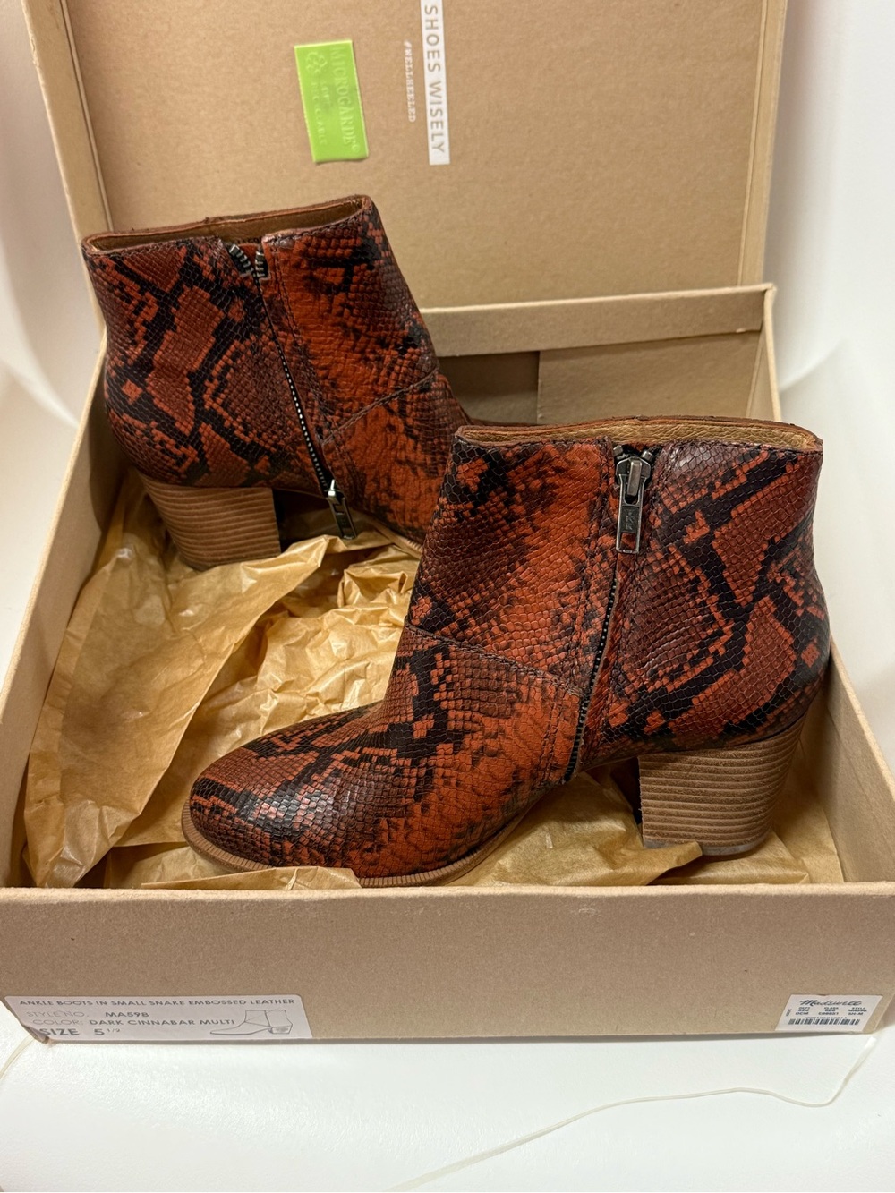 Brand New Madewell Women's Brown Snake-Print Ankle Boots with Low Block Heel